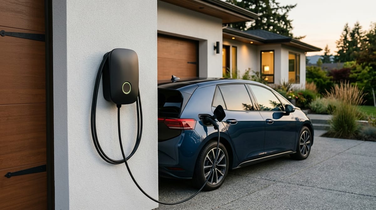 A black home EV charger on a white rendered wall, its cable plugged into a dark blue hatchback on a driveway at dusk