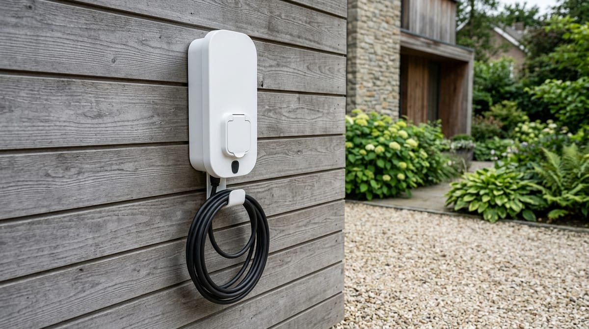 A slim white home EV charge point with a covered socket and a coiled cable on a grey timber-clad wall above a gravel drive