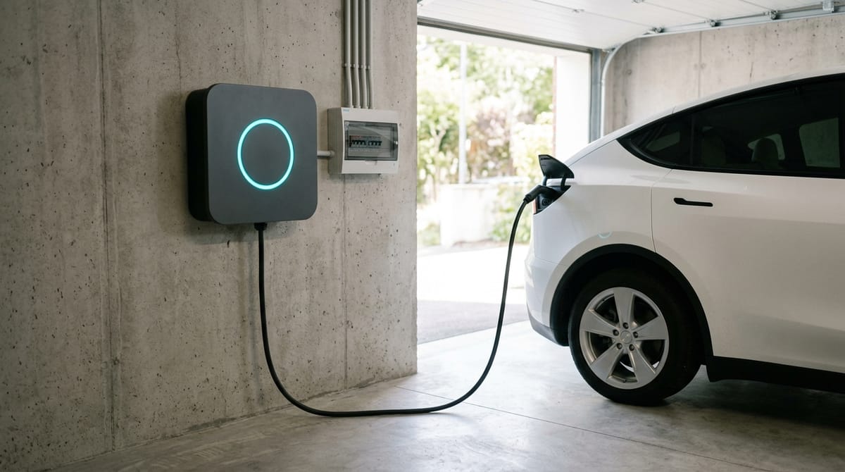 A square dark grey home EV charger with a glowing ring light in a garage, its cable plugged into a white car
