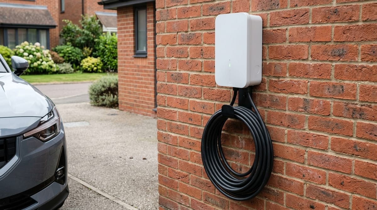 A white home EV wall charger with its black cable coiled on a hook, mounted on a red-brick wall beside a driveway