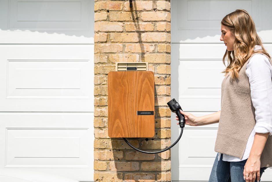 Electric vehicle charging at a UK home garage charger overnight