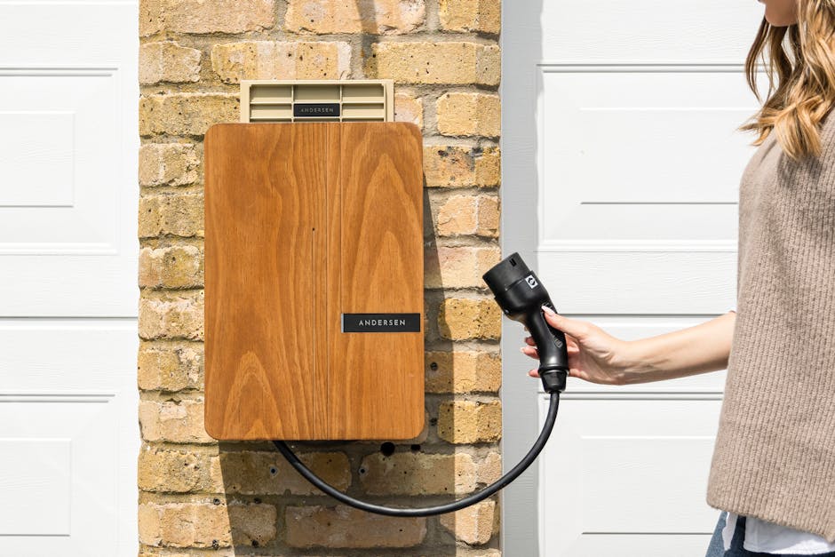 Home EV charger mounted on a wall next to a car charging at night