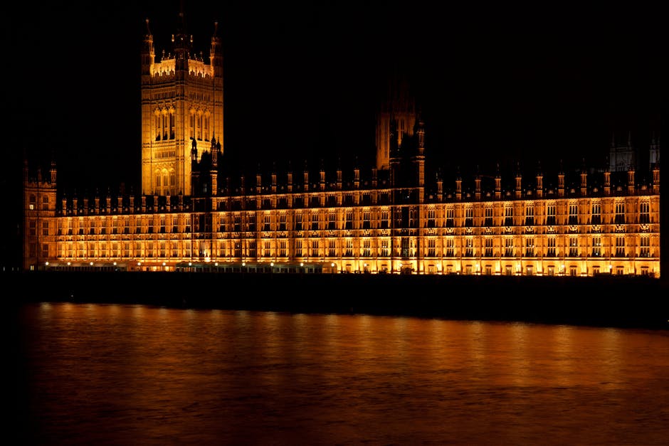 UK Parliament at dusk on the evening of the November 2025 Budget